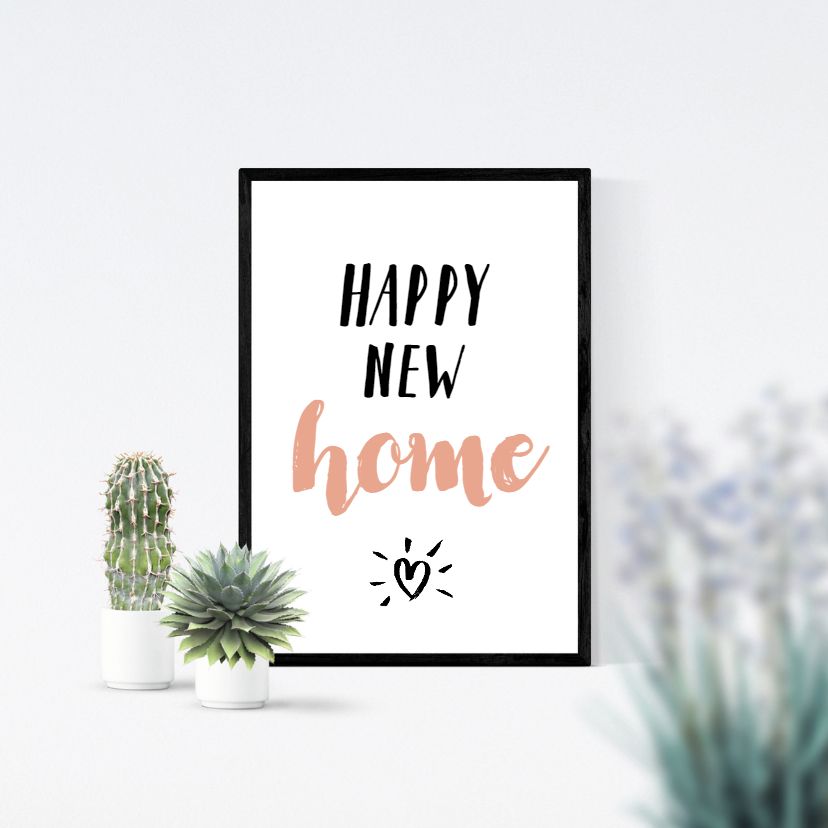 Voorbeeldl van felicitatiekaarten strak met tekst 'happy new home'