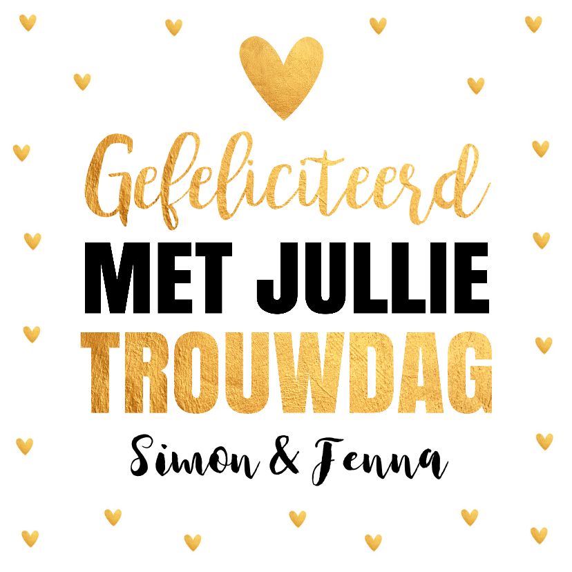 Voorbeeld van zwart met gouden felicitatiekaarten, met tekst 'gefeliciteerd met jullie trouwdag'