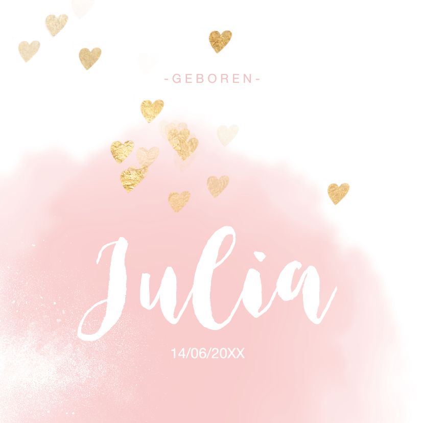 Geboortekaartje watercolor met roze, naam en geboortedatum en gouden hartjes