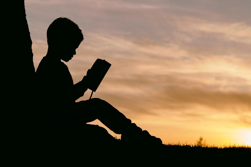 Hoogbegaafd kind leest een boek bij de zonsondergang